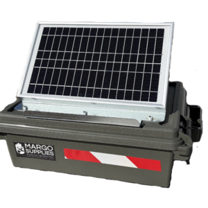 A portable, olive-green protective case from Margo Supplies featuring an integrated solar panel mounted on top for field-based power generation.